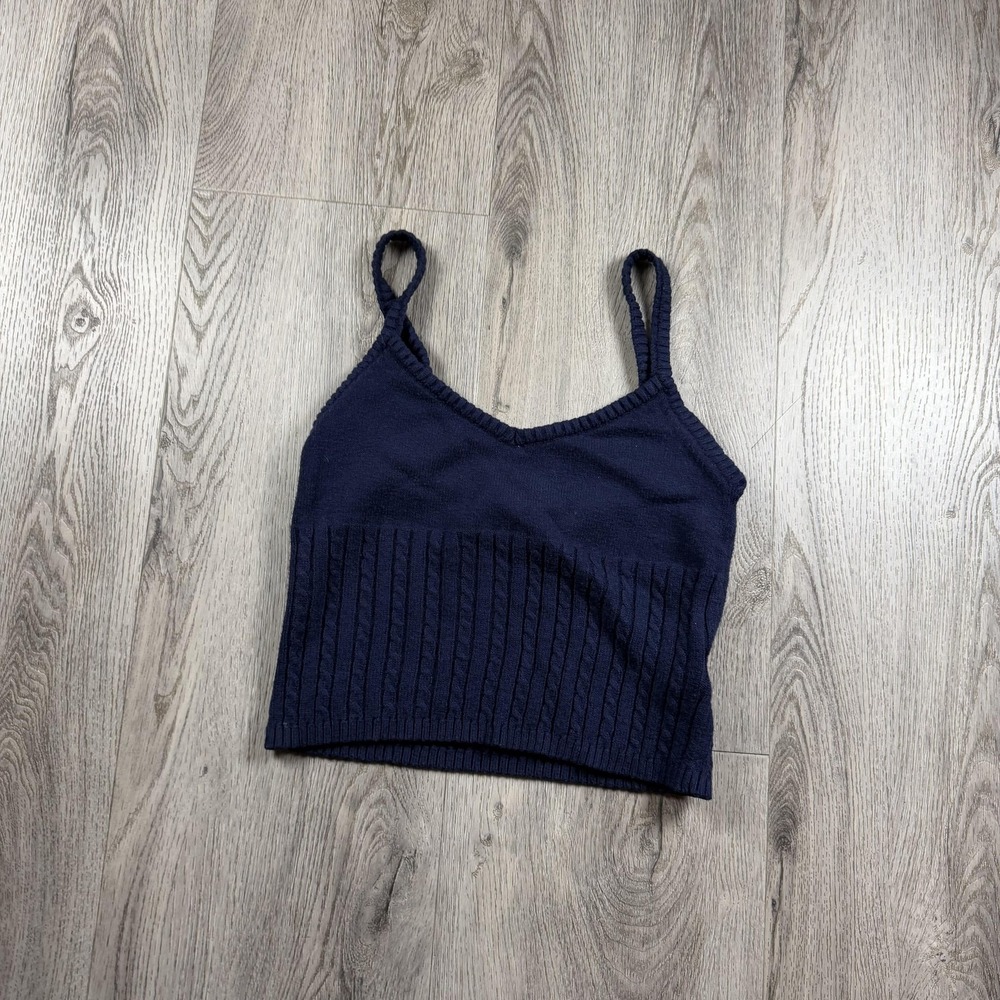 Free For All Tank Top Womens M Navy Cable Knit Cropped Stretch Cami Babydoll‎